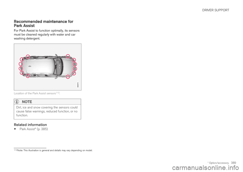 VOLVO XC60 TWIN ENGINE 2019 Manual Online DRIVER SUPPORT
* Option/accessory.389
Recommended maintenance forPark Assist
For Park Assist to function optimally, its sensorsmust be cleaned regularly with water and carwashing detergent.
Location o VOLVO XC60 TWIN ENGINE 2019 Manual Online DRIVER SUPPORT
* Option/accessory.389
Recommended maintenance forPark Assist
For Park Assist to function optimally, its sensorsmust be cleaned regularly with water and carwashing detergent.
Location o