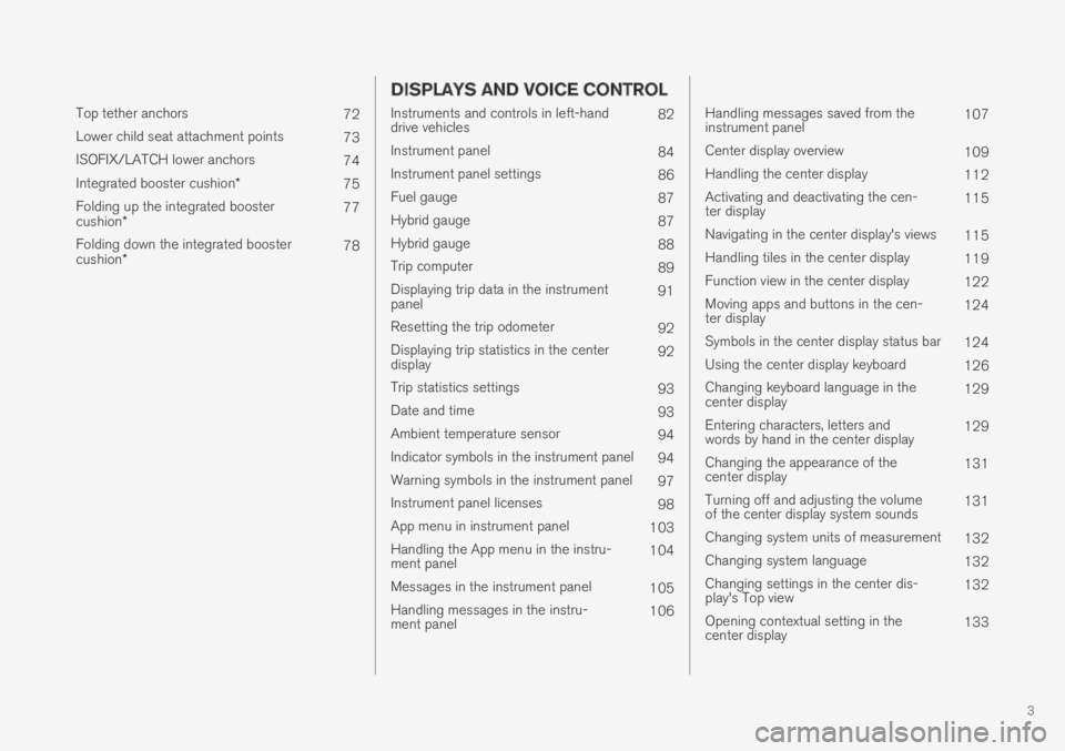 VOLVO XC60 TWIN ENGINE 2019  Owners Manual 3
 
Top tether anchors72
Lower child seat attachment points73
ISOFIX/LATCH lower anchors74
Integrated booster cushion*75
Folding up the integrated boostercushion*77
Folding down the integrated booster