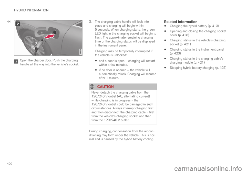VOLVO XC60 TWIN ENGINE 2019 User Guide ||
HYBRID INFORMATION
420
Open the charger door. Push the charginghandle all the way into the vehicle's socket.
3.The charging cable handle will lock intoplace and charging will begin within5 seco VOLVO XC60 TWIN ENGINE 2019 User Guide ||
HYBRID INFORMATION
420
Open the charger door. Push the charginghandle all the way into the vehicle's socket.
3.The charging cable handle will lock intoplace and charging will begin within5 seco