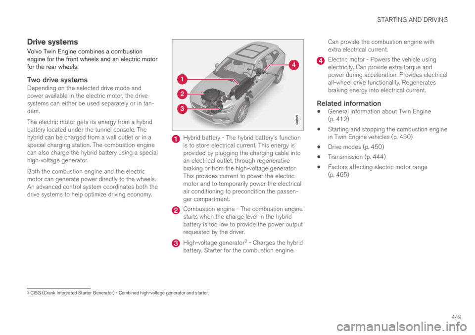 VOLVO XC60 TWIN ENGINE 2019 Owners Manual STARTING AND DRIVING
449
Drive systems
Volvo Twin Engine combines a combustionengine for the front wheels and an electric motorfor the rear wheels.
Two drive systems
Depending on the selected drive m VOLVO XC60 TWIN ENGINE 2019 Owners Manual STARTING AND DRIVING
449
Drive systems
Volvo Twin Engine combines a combustionengine for the front wheels and an electric motorfor the rear wheels.
Two drive systems
Depending on the selected drive m