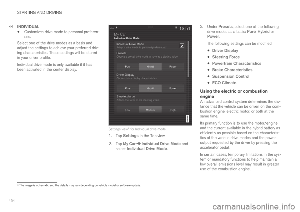 VOLVO XC60 TWIN ENGINE 2019 Owners Manual ||
STARTING AND DRIVING
454
INDIVIDUAL
Customizes drive mode to personal preferen-ces.
Select one of the drive modes as a basis andadjust the settings to achieve your preferred driv-ing characteristi VOLVO XC60 TWIN ENGINE 2019 Owners Manual ||
STARTING AND DRIVING
454
INDIVIDUAL
Customizes drive mode to personal preferen-ces.
Select one of the drive modes as a basis andadjust the settings to achieve your preferred driv-ing characteristi