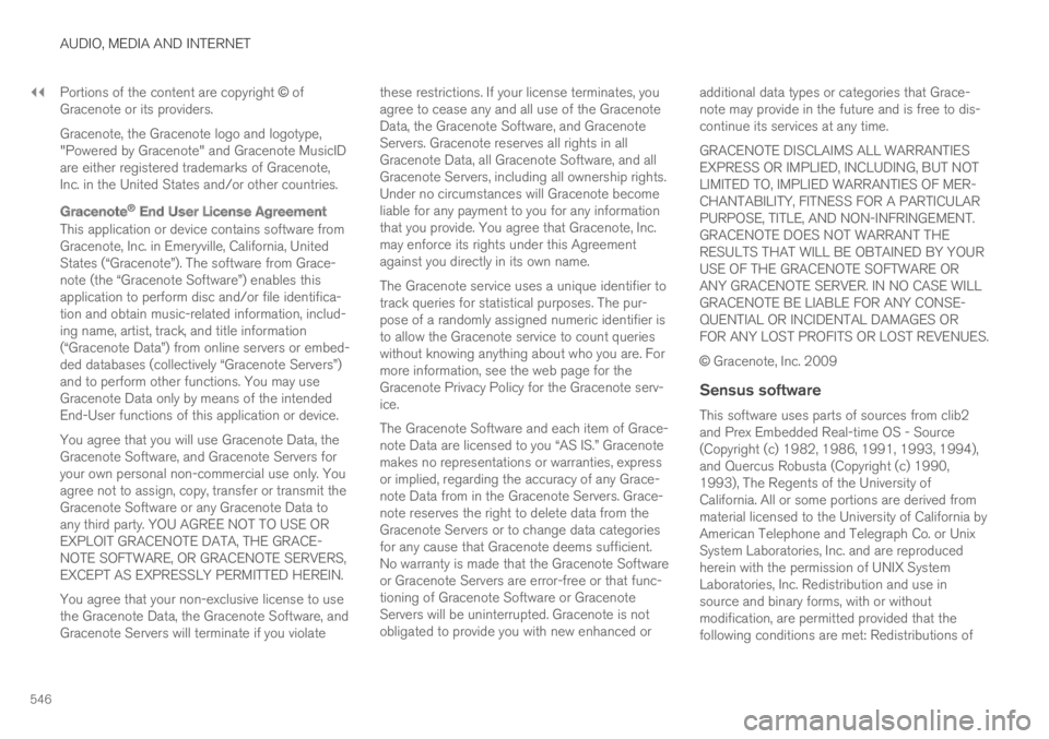 VOLVO XC60 TWIN ENGINE 2019 Owners Manual ||
AUDIO, MEDIA AND INTERNET
546
Portions of the content are copyright © ofGracenote or its providers.
Gracenote, the Gracenote logo and logotype,"Powered by Gracenote" and Gracenote MusicIDa VOLVO XC60 TWIN ENGINE 2019 Owners Manual ||
AUDIO, MEDIA AND INTERNET
546
Portions of the content are copyright © ofGracenote or its providers.
Gracenote, the Gracenote logo and logotype,"Powered by Gracenote" and Gracenote MusicIDa