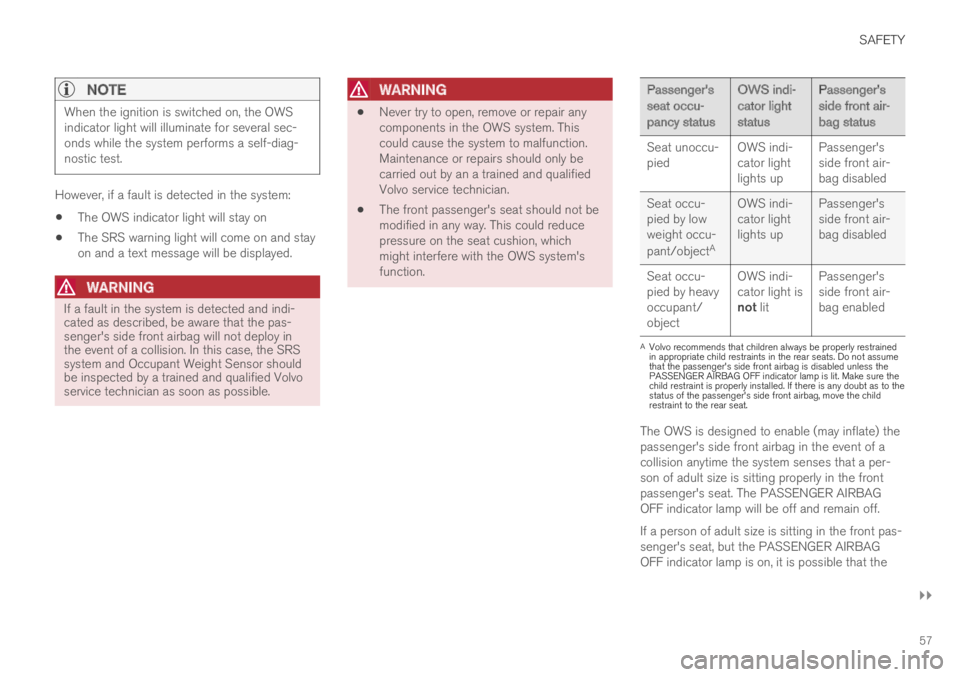 VOLVO XC60 TWIN ENGINE 2019  Owners Manual SAFETY
}}
57

NOTE
When the ignition is switched on, the OWSindicator light will illuminate for several sec-onds while the system performs a self-diag-nostic test.
However, if a fault is detected in t