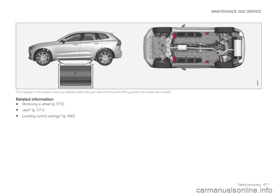 VOLVO XC60 TWIN ENGINE 2019  Owners Manual MAINTENANCE AND SERVICE
* Option/accessory.617
The triangles in the plastic covering indicate where the jack attachment points/lifting points (red areas) are located.

Related information
Removing a w