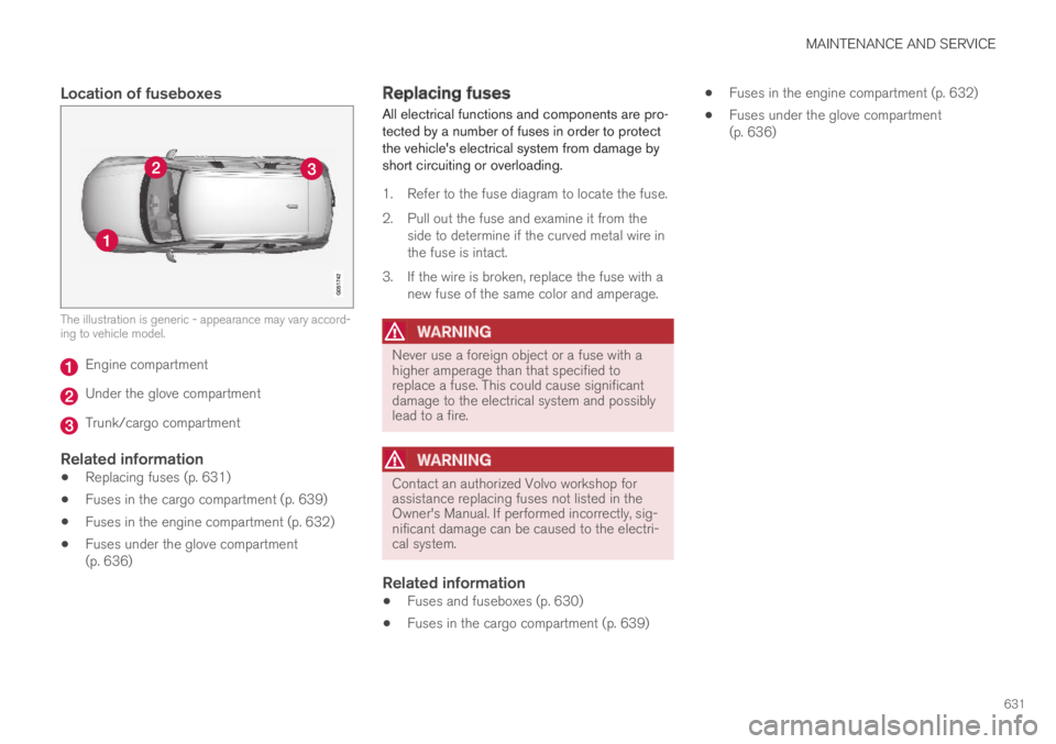 VOLVO XC60 TWIN ENGINE 2019  Owners Manual MAINTENANCE AND SERVICE
631

Location of fuseboxes
The illustration is generic - appearance may vary accord-ing to vehicle model.
Engine compartment
Under the glove compartment
Trunk/cargo compartment