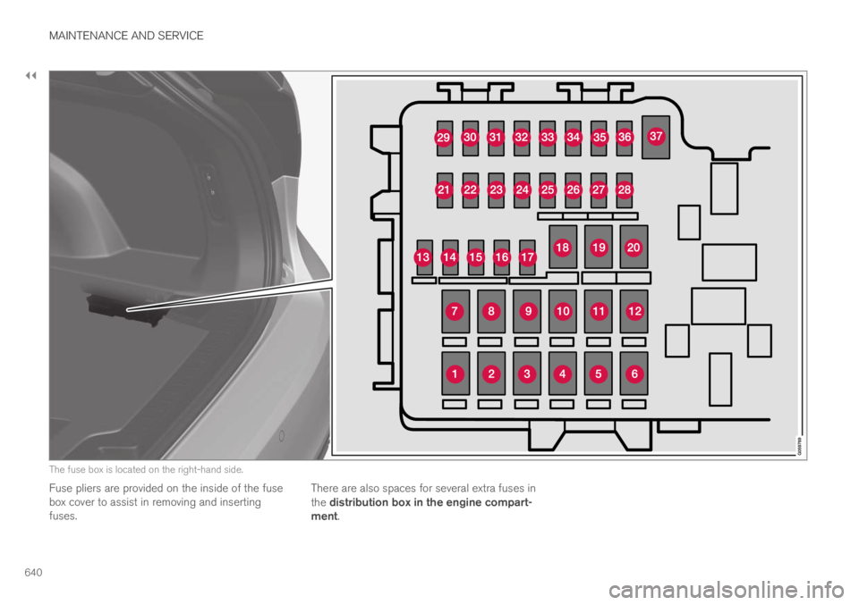 VOLVO XC60 TWIN ENGINE 2019 Owners Manual ||
MAINTENANCE AND SERVICE
640
The fuse box is located on the right-hand side.
Fuse pliers are provided on the inside of the fusebox cover to assist in removing and insertingfuses.
There are also spac VOLVO XC60 TWIN ENGINE 2019 Owners Manual ||
MAINTENANCE AND SERVICE
640
The fuse box is located on the right-hand side.
Fuse pliers are provided on the inside of the fusebox cover to assist in removing and insertingfuses.
There are also spac