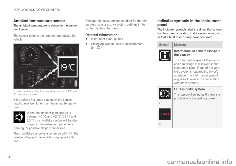 VOLVO XC60 TWIN ENGINE 2019 User Guide DISPLAYS AND VOICE CONTROL
94
Ambient temperature sensor
The ambient temperature is shown in the instru-ment panel.
The sensor detects the temperature outside thevehicle.
Location of the ambient tempe VOLVO XC60 TWIN ENGINE 2019 User Guide DISPLAYS AND VOICE CONTROL
94
Ambient temperature sensor
The ambient temperature is shown in the instru-ment panel.
The sensor detects the temperature outside thevehicle.
Location of the ambient tempe