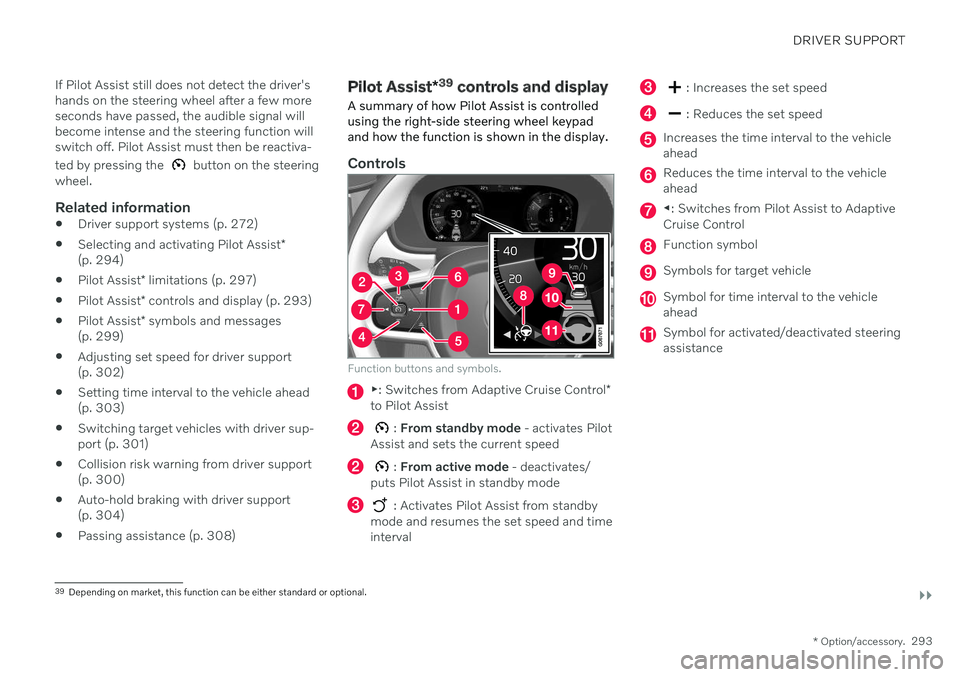 VOLVO XC60 TWIN ENGINE 2020 Owners Manual DRIVER SUPPORT
}}
* Option/accessory.293
If Pilot Assist still does not detect the driver's hands on the steering wheel after a few moreseconds have passed, the audible signal willbecome intense a VOLVO XC60 TWIN ENGINE 2020 Owners Manual DRIVER SUPPORT
}}
* Option/accessory.293
If Pilot Assist still does not detect the driver's hands on the steering wheel after a few moreseconds have passed, the audible signal willbecome intense a