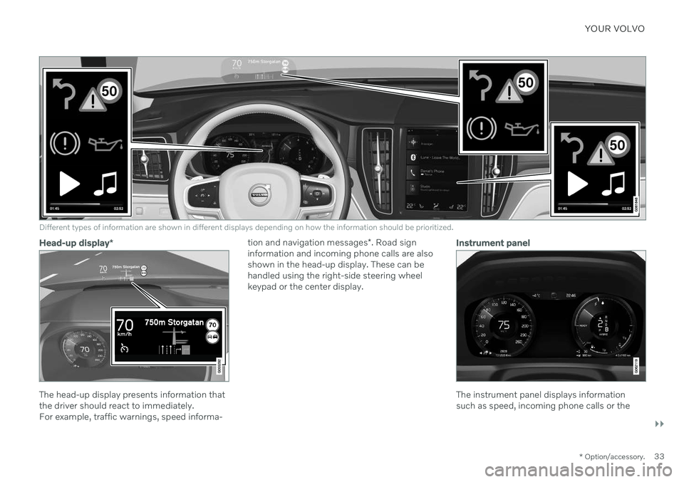 VOLVO XC60 TWIN ENGINE 2020 Owners Manual YOUR VOLVO
}}
* Option/accessory.33
Different types of information are shown in different displays depending on how the information should be prioritized.
Head-up display*
The head-up display presents VOLVO XC60 TWIN ENGINE 2020 Owners Manual YOUR VOLVO
}}
* Option/accessory.33
Different types of information are shown in different displays depending on how the information should be prioritized.
Head-up display*
The head-up display presents