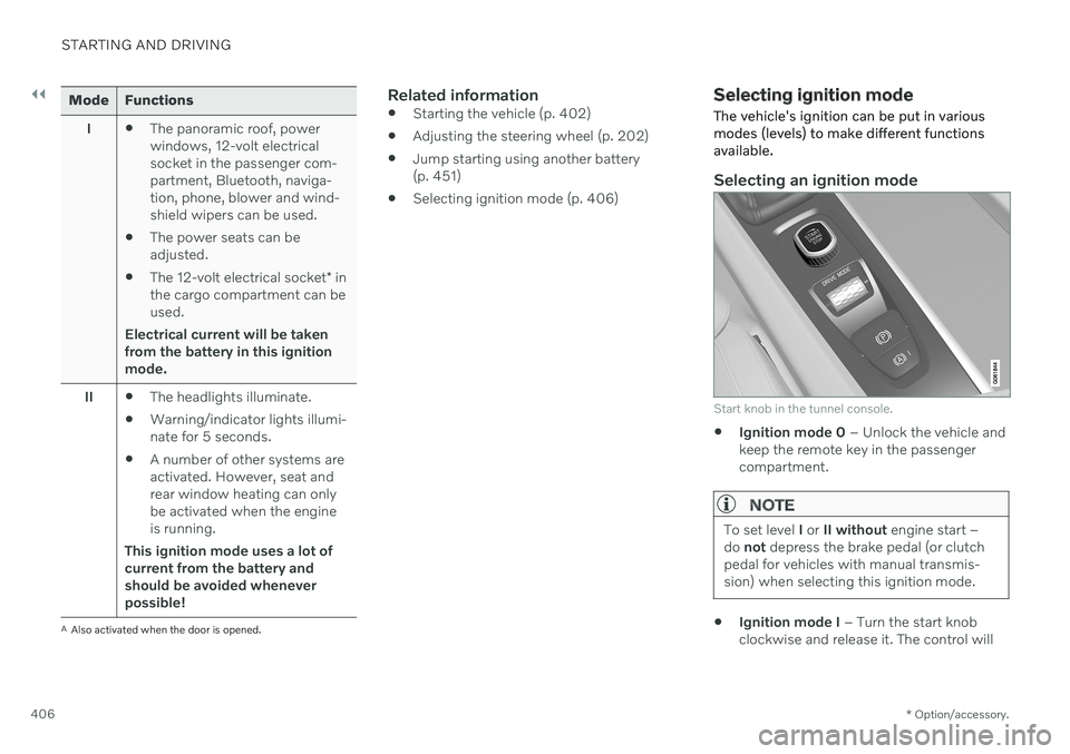 VOLVO XC60 TWIN ENGINE 2020 Owners Manual ||
STARTING AND DRIVING
* Option/accessory.
406
Mode Functions
I The panoramic roof, power windows, 12-volt electricalsocket in the passenger com-partment, Bluetooth, naviga-tion, phone, blower and wi VOLVO XC60 TWIN ENGINE 2020 Owners Manual ||
STARTING AND DRIVING
* Option/accessory.
406
Mode Functions
I The panoramic roof, power windows, 12-volt electricalsocket in the passenger com-partment, Bluetooth, naviga-tion, phone, blower and wi