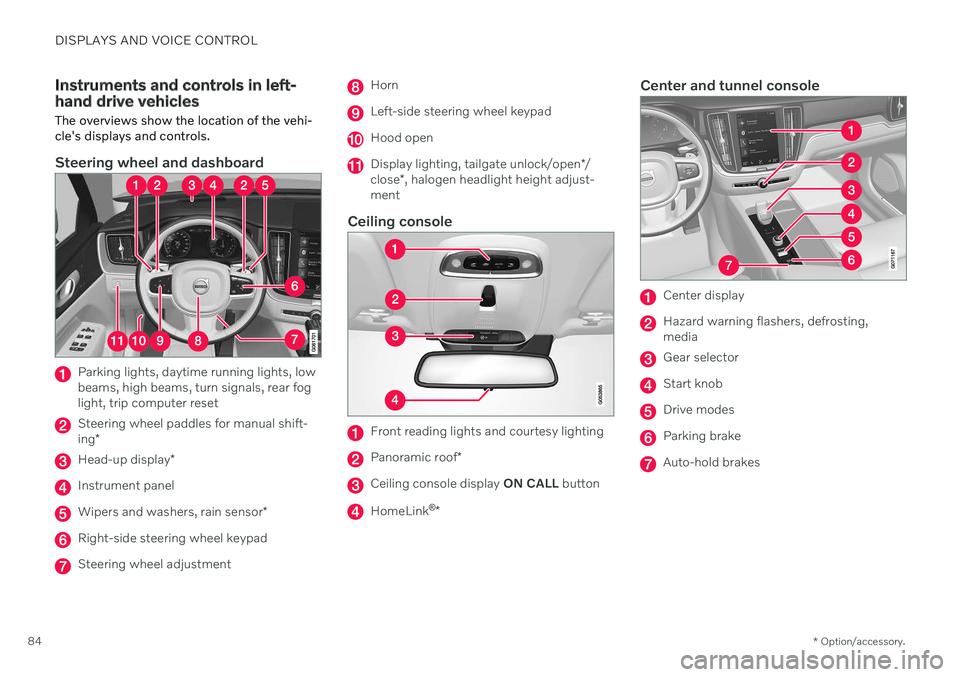 VOLVO XC60 TWIN ENGINE 2020 Owners Manual DISPLAYS AND VOICE CONTROL
* Option/accessory.
84
Instruments and controls in left- hand drive vehicles The overviews show the location of the vehi- cle's displays and controls.
Steering wheel and VOLVO XC60 TWIN ENGINE 2020 Owners Manual DISPLAYS AND VOICE CONTROL
* Option/accessory.
84
Instruments and controls in left- hand drive vehicles The overviews show the location of the vehi- cle's displays and controls.
Steering wheel and