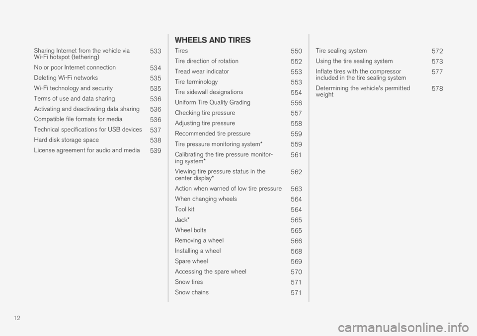 VOLVO XC90 TWIN ENGINE 2018  Owners Manual 12
 
Sharing Internet from the vehicle viaWi-Fi hotspot (tethering)533
No or poor Internet connection534
Deleting Wi-Fi networks535
Wi-Fi technology and security535
Terms of use and data sharing536
Ac