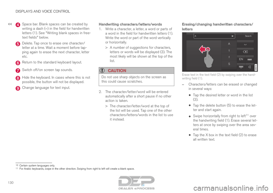 VOLVO XC90 TWIN ENGINE 2018  Owners Manual ||DISPLAYS AND VOICE CONTROL
130 Space bar. Blank spaces can be created by
writing a dash (‒) in the field for handwritten
letters (1). See "Writing blank spaces in free-
text fields" below.