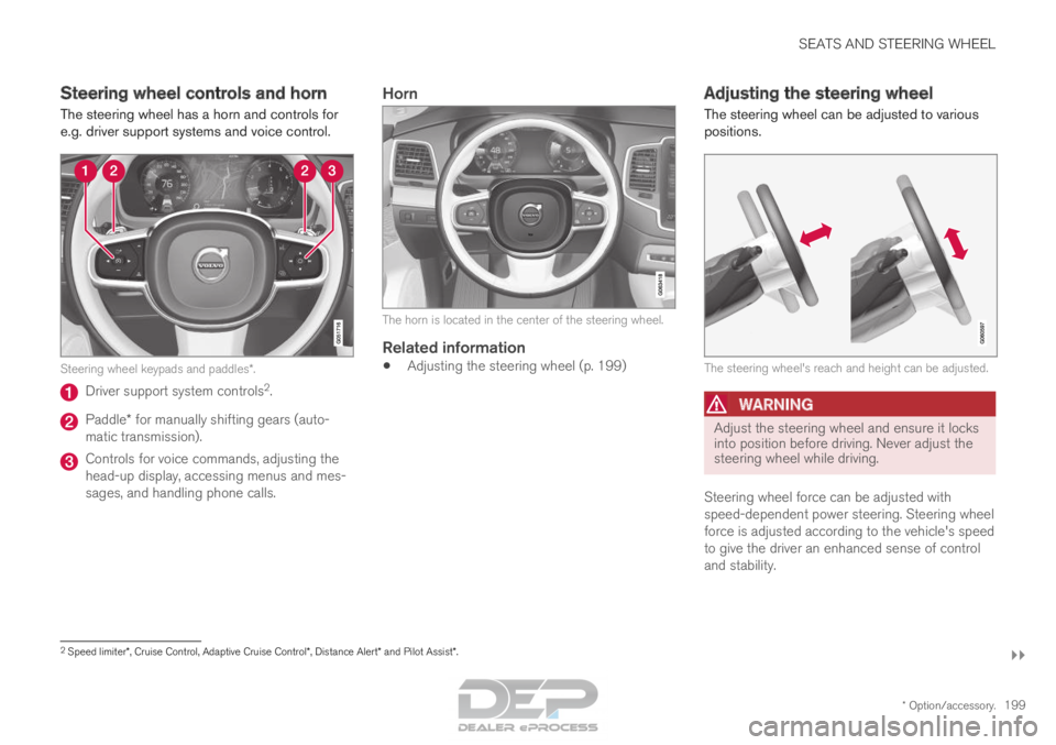 VOLVO XC90 TWIN ENGINE 2018 Owners Manual SEATS AND STEERING WHEEL
}}
* Option/accessory. 199
Steering wheel controls and horn
The steering wheel has a horn and controls for
e.g. driver support systems and voice control.
Steering wheel keypad VOLVO XC90 TWIN ENGINE 2018 Owners Manual SEATS AND STEERING WHEEL
}}
* Option/accessory. 199
Steering wheel controls and horn
The steering wheel has a horn and controls for
e.g. driver support systems and voice control.
Steering wheel keypad