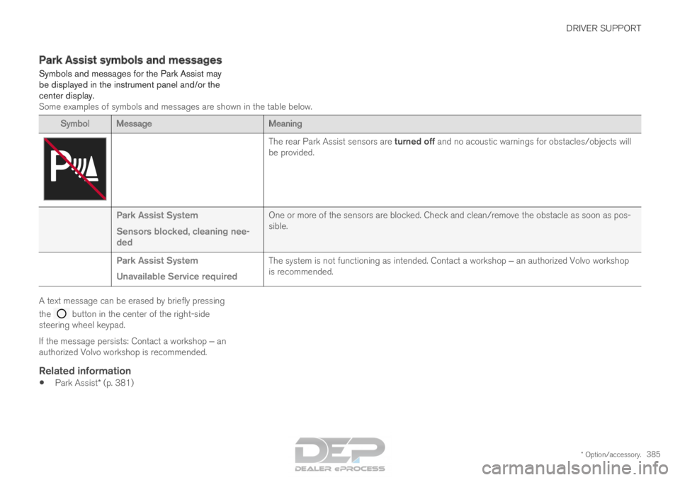 VOLVO XC90 TWIN ENGINE 2018 Repair Manual DRIVER SUPPORT
* Option/accessory.385
Park Assist symbols and messages
Symbols and messages for the Park Assist may
be displayed in the instrument panel and/or the
center display. Some examples of sym VOLVO XC90 TWIN ENGINE 2018 Repair Manual DRIVER SUPPORT
* Option/accessory.385
Park Assist symbols and messages
Symbols and messages for the Park Assist may
be displayed in the instrument panel and/or the
center display. Some examples of sym