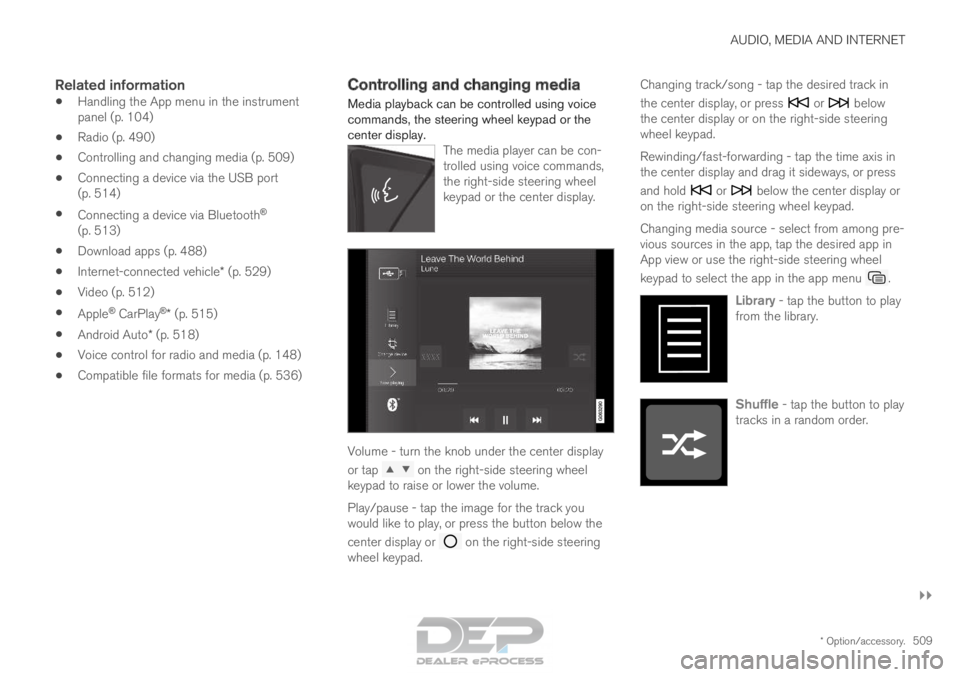 VOLVO XC90 TWIN ENGINE 2018  Owners Manual AUDIO, MEDIA AND INTERNET
}}
* Option/accessory. 509
Related information
•Handling the App menu in the instrument
panel (p. 104)
• Radio (p. 490)
• Controlling and changing media (p. 509)
• Co