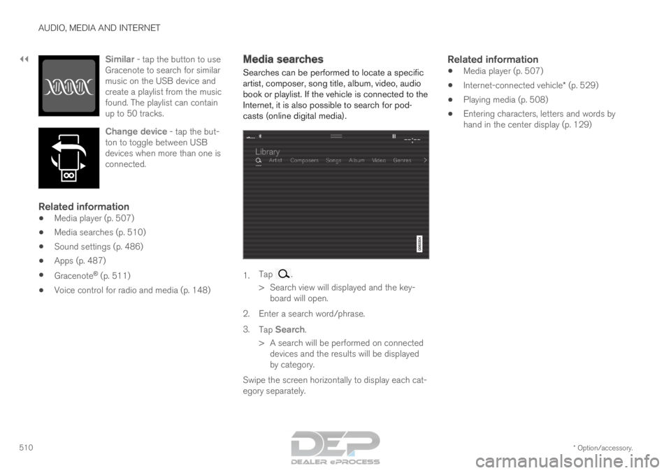 VOLVO XC90 TWIN ENGINE 2018 Owners Manual ||AUDIO, MEDIA AND INTERNET
* Option/accessory.
510 Similar - tap the button to use
Gracenote to search for similar
music on the USB device and
create a playlist from the music
found. The playlist can VOLVO XC90 TWIN ENGINE 2018 Owners Manual ||AUDIO, MEDIA AND INTERNET
* Option/accessory.
510 Similar - tap the button to use
Gracenote to search for similar
music on the USB device and
create a playlist from the music
found. The playlist can