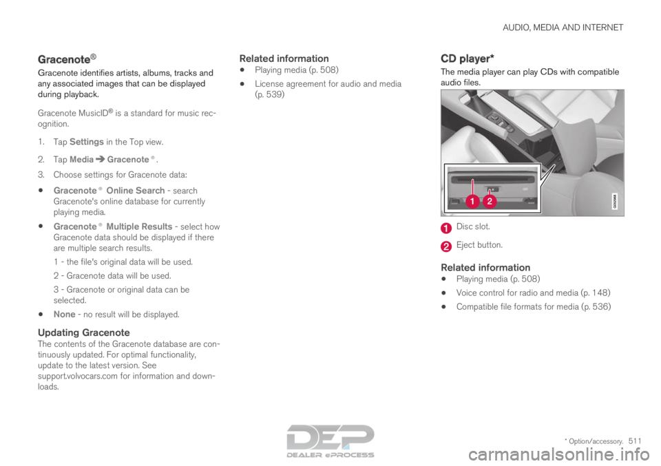 VOLVO XC90 TWIN ENGINE 2018 Owners Manual AUDIO, MEDIA AND INTERNET
* Option/accessory.511
Gracenote
®
Gracenote identifies artists, albums, tracks and
any associated images that can be displayed
during playback.
Gracenote MusicID ®
is a s VOLVO XC90 TWIN ENGINE 2018 Owners Manual AUDIO, MEDIA AND INTERNET
* Option/accessory.511
Gracenote
®
Gracenote identifies artists, albums, tracks and
any associated images that can be displayed
during playback.
Gracenote MusicID ®
is a s