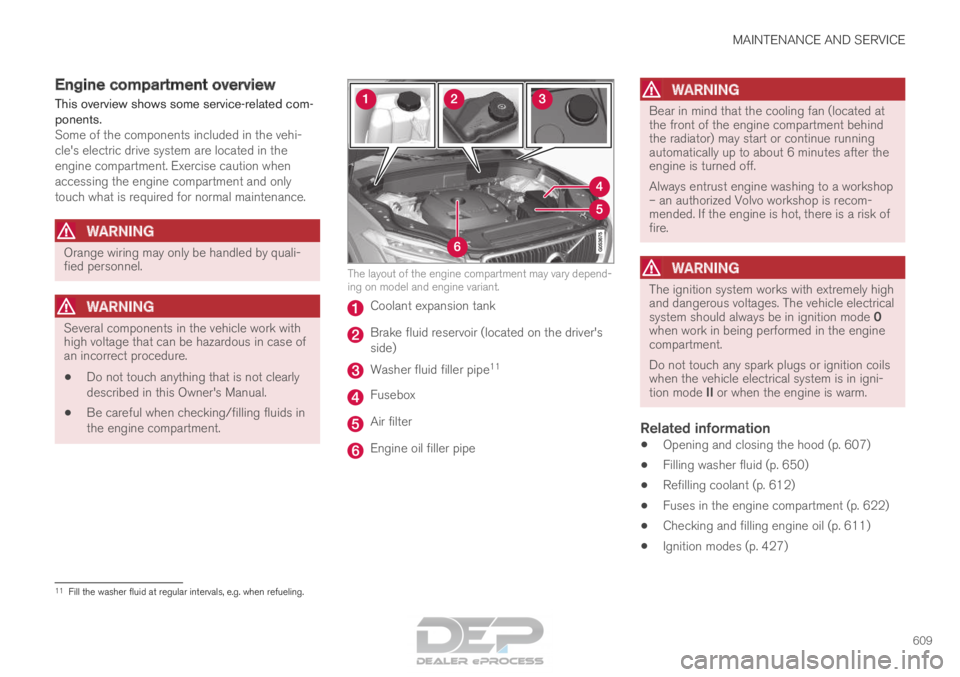 VOLVO XC90 TWIN ENGINE 2018  Owners Manual MAINTENANCE AND SERVICE
609
Engine compartment overview
This overview shows some service-related com-
ponents. Some of the components included in the vehi-
cle's electric drive system are located 