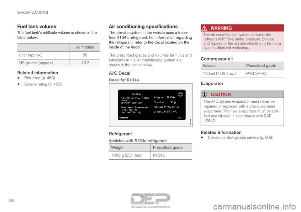 VOLVO XC90 TWIN ENGINE 2018  Owners Manual SPECIFICATIONS
664Fuel tank volume
The fuel tanks refillable volume is shown in the
table below. All models
Liter (approx.)
 50
US gallons (approx.) 13.2
Related information
•Refueling (p. 463)
•