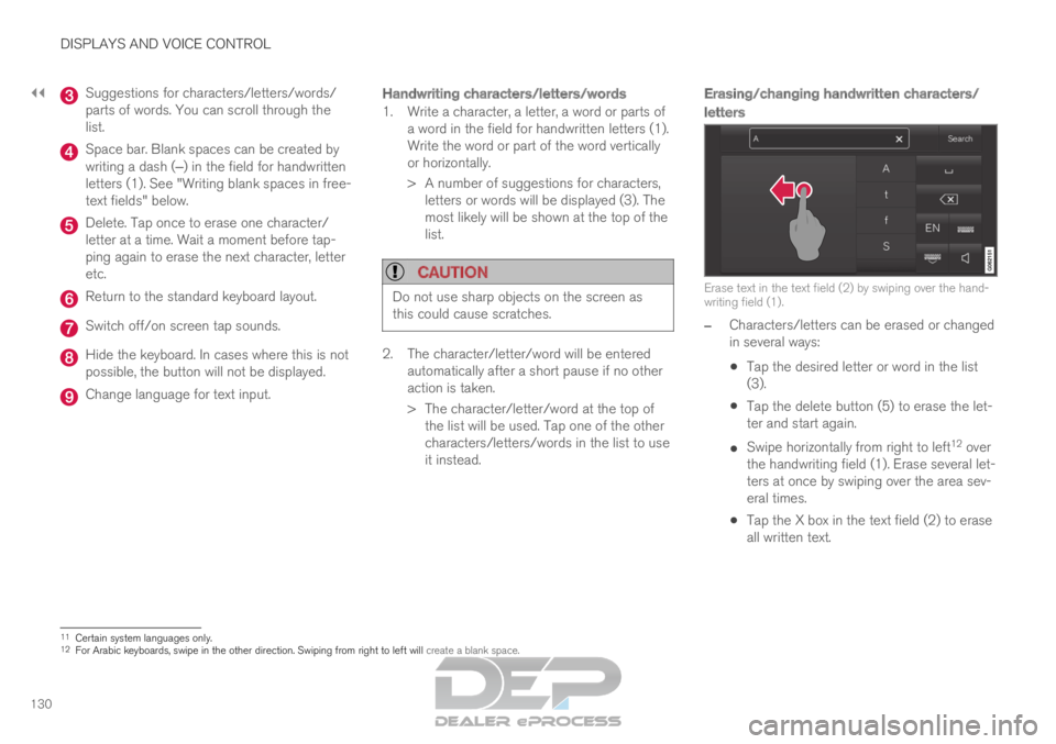VOLVO XC90 TWIN ENGINE 2019 Manual PDF ||DISPLAYS AND VOICE CONTROL
130 Suggestions for characters/letters/words/
parts of words. You can scroll through the
list.
Space bar. Blank spaces can be created by
writing a dash (‒) in the field VOLVO XC90 TWIN ENGINE 2019 Manual PDF ||DISPLAYS AND VOICE CONTROL
130 Suggestions for characters/letters/words/
parts of words. You can scroll through the
list.
Space bar. Blank spaces can be created by
writing a dash (‒) in the field