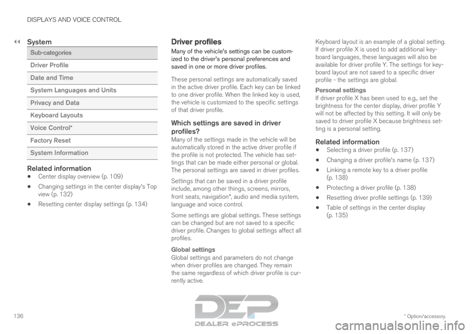 VOLVO XC90 TWIN ENGINE 2019  Owners Manual ||DISPLAYS AND VOICE CONTROL
* Option/accessory.
136
System Sub-categories
Driver Profile
Date and Time
System Languages and Units
Privacy and Data
Keyboard Layouts
Voice Control
*
Factory Reset
Syste