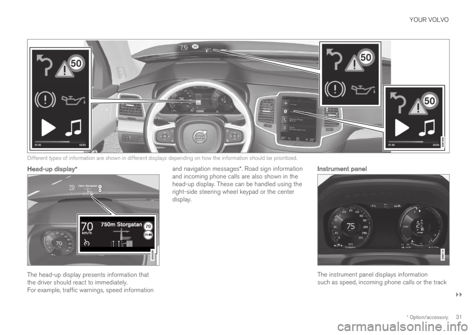 VOLVO XC90 TWIN ENGINE 2019 Owners Guide YOUR VOLVO
}}
* Option/accessory.31
Different types of information are shown in different displays depending on how the information should be prioritized.

Head-up display *
The head-up display presen