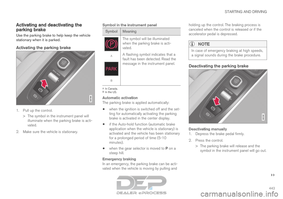 VOLVO XC90 TWIN ENGINE 2019 Owners Manual STARTING AND DRIVING
}}
443
Activating and deactivating the
parking brake
Use the parking brake to help keep the vehicle
stationary when it is parked.
Activating the parking brake
1. Pull up the contr VOLVO XC90 TWIN ENGINE 2019 Owners Manual STARTING AND DRIVING
}}
443
Activating and deactivating the
parking brake
Use the parking brake to help keep the vehicle
stationary when it is parked.
Activating the parking brake
1. Pull up the contr