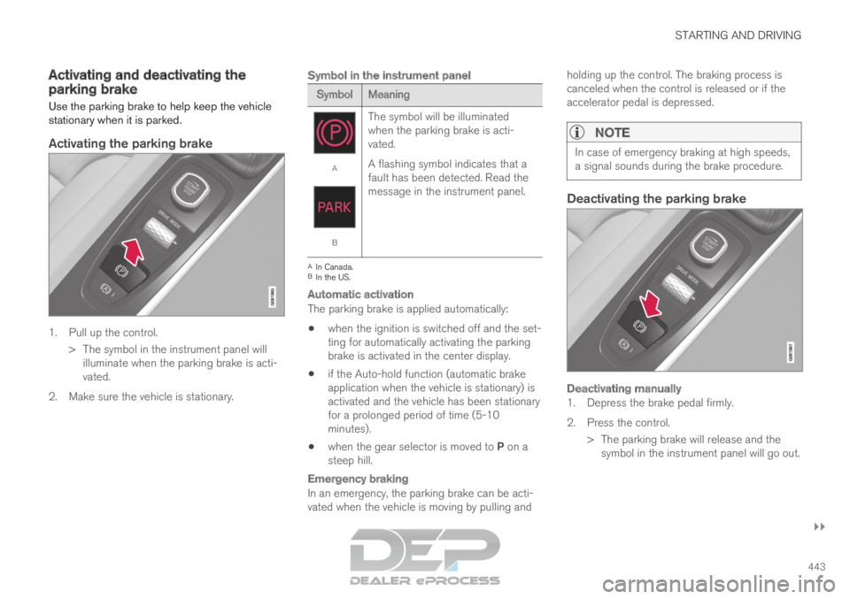 VOLVO XC90 TWIN ENGINE 2019 Service Manual STARTING AND DRIVING
}}
443
Activating and deactivating the
parking brake
Use the parking brake to help keep the vehicle
stationary when it is parked.
Activating the parking brake
1. Pull up the contr