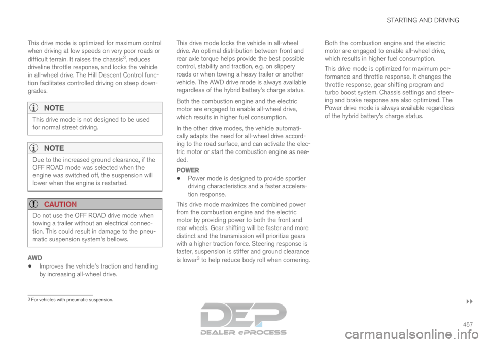 VOLVO XC90 TWIN ENGINE 2019  Owners Manual STARTING AND DRIVING
}}
457
This drive mode is optimized for maximum control
when driving at low speeds on very poor roads or
difficult terrain. It raises the chassis
3
, reduces
driveline throttle re