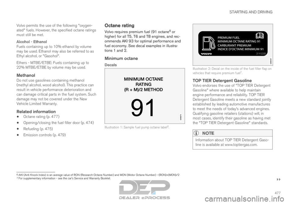VOLVO XC90 TWIN ENGINE 2019 Owners Manual STARTING AND DRIVING
}}
477
Volvo permits the use of the following "oxygen-
ated" fuels. However, the specified octane ratings
must still be met.
Alcohol - Ethanol
Fuels containing up to 10% e VOLVO XC90 TWIN ENGINE 2019 Owners Manual STARTING AND DRIVING
}}
477
Volvo permits the use of the following "oxygen-
ated" fuels. However, the specified octane ratings
must still be met.
Alcohol - Ethanol
Fuels containing up to 10% e