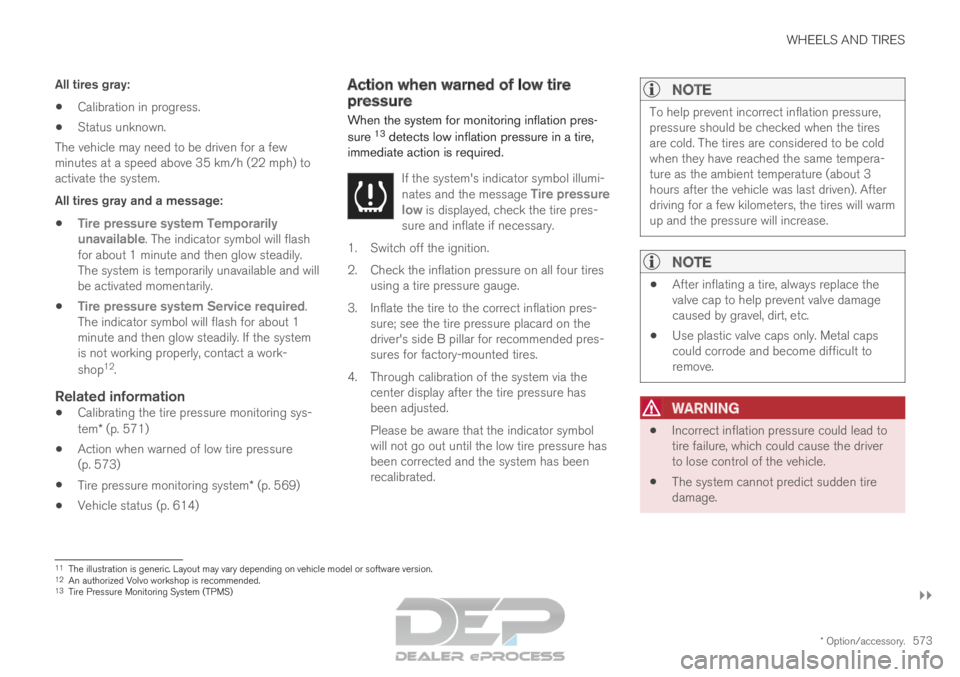 VOLVO XC90 TWIN ENGINE 2019  Owners Manual WHEELS AND TIRES
}}
* Option/accessory. 573
All tires gray:

Calibration in progress.
 Status unknown.
The vehicle may need to be driven for a few
minutes at a speed above 35 km/h (22 mph) to
activate