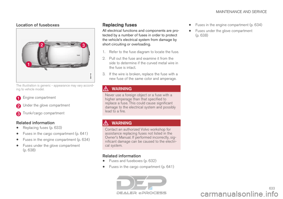 VOLVO XC90 TWIN ENGINE 2019  Owners Manual MAINTENANCE AND SERVICE
633
Location of fuseboxesThe illustration is generic - appearance may vary accord-
ing to vehicle model.
Engine compartment
Under the glove compartment
Trunk/cargo compartment
