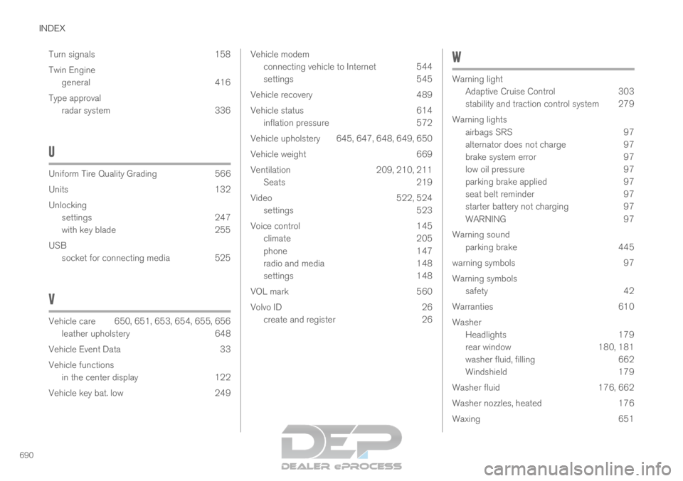 VOLVO XC90 TWIN ENGINE 2019  Owners Manual INDEX
690Turn signals 158
Twin Engine
general 416
Type approval radar system 336
U Uniform Tire Quality Grading
566
Units
 132
Unlocking settings 247
with key blade 255
USB socket for connecting media