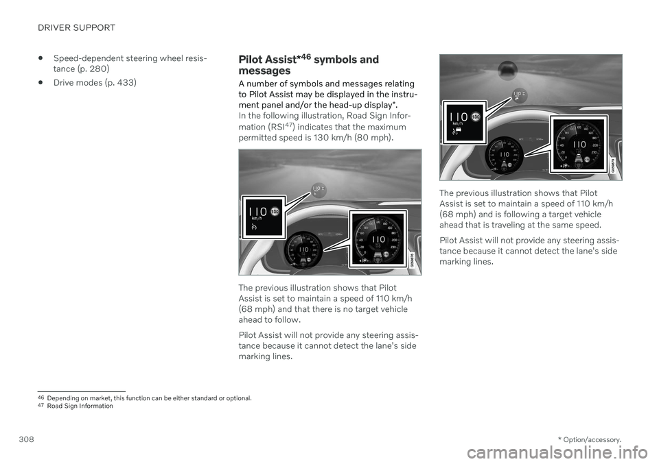 VOLVO XC90 TWIN ENGINE 2020  Owners Manual DRIVER SUPPORT
* Option/accessory.
308 
Speed-dependent steering wheel resis- tance (p. 280)
 Drive modes (p. 433)
Pilot Assist
*46
 symbols and
messages
A number of symbols and messages relating to P