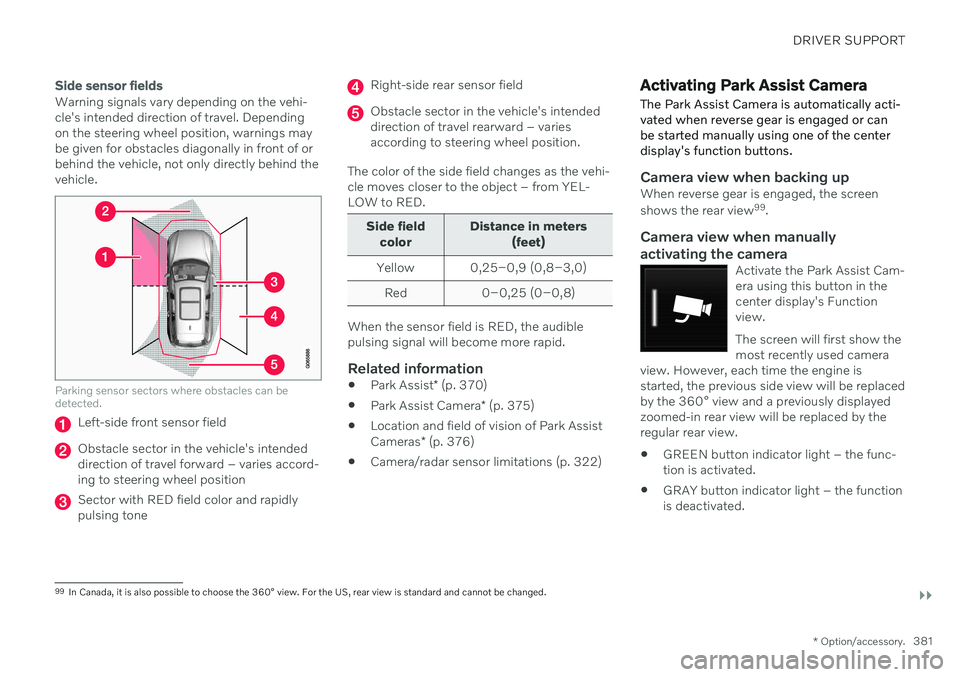 VOLVO XC90 TWIN ENGINE 2020 Owners Manual DRIVER SUPPORT
}}
* Option/accessory.381
Side sensor fields
Warning signals vary depending on the vehi- cle's intended direction of travel. Dependingon the steering wheel position, warnings maybe VOLVO XC90 TWIN ENGINE 2020 Owners Manual DRIVER SUPPORT
}}
* Option/accessory.381
Side sensor fields
Warning signals vary depending on the vehi- cle's intended direction of travel. Dependingon the steering wheel position, warnings maybe