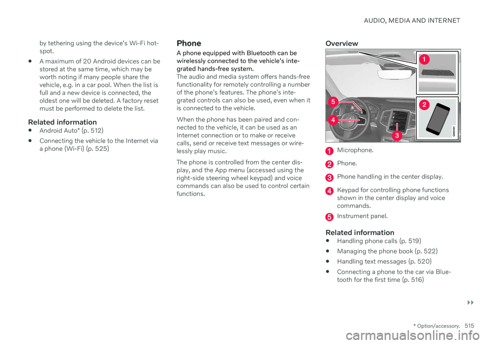 VOLVO XC90 TWIN ENGINE 2020 Owners Manual AUDIO, MEDIA AND INTERNET
}}
* Option/accessory.515
by tethering using the device's Wi-Fi hot- spot.
A maximum of 20 Android devices can bestored at the same time, which may beworth noting if man VOLVO XC90 TWIN ENGINE 2020 Owners Manual AUDIO, MEDIA AND INTERNET
}}
* Option/accessory.515
by tethering using the device's Wi-Fi hot- spot.
A maximum of 20 Android devices can bestored at the same time, which may beworth noting if man