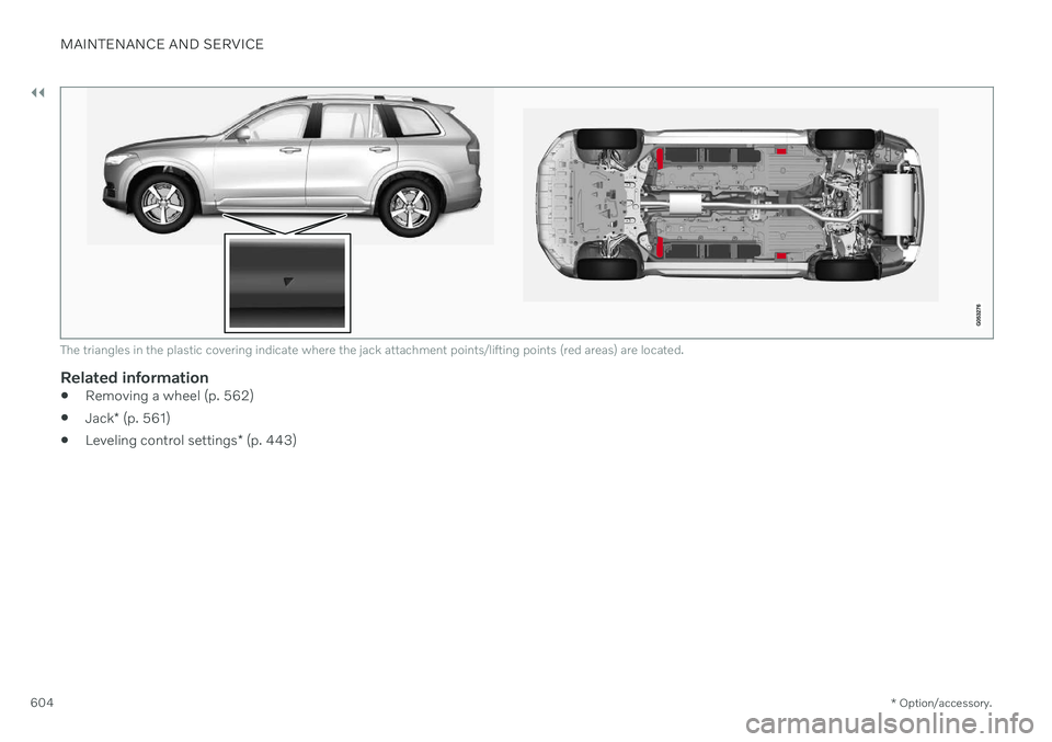 VOLVO XC90 TWIN ENGINE 2020  Owners Manual ||
MAINTENANCE AND SERVICE
* Option/accessory.
604
The triangles in the plastic covering indicate where the jack attachment points/lifting points (red areas) are located.
Related information
 Removing