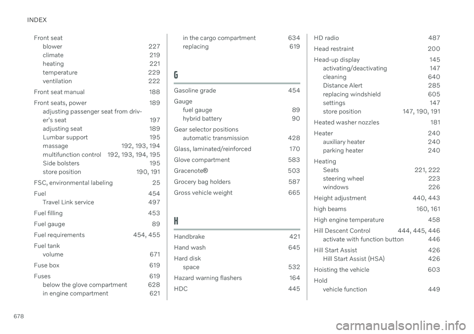 VOLVO XC90 TWIN ENGINE 2020  Owners Manual INDEX
678Front seat
blower 227 
climate 219
heating 221
temperature 229
ventilation 222
Front seat manual 188 
Front seats, power 189 adjusting passenger seat from driv- 
er's seat 197 
adjusting 