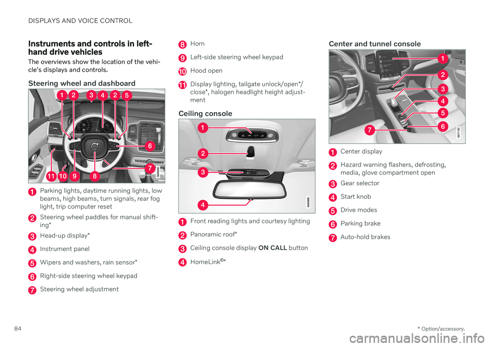 VOLVO XC90 TWIN ENGINE 2020  Owners Manual DISPLAYS AND VOICE CONTROL
* Option/accessory.
84
Instruments and controls in left- hand drive vehicles The overviews show the location of the vehi- cle's displays and controls.
Steering wheel and