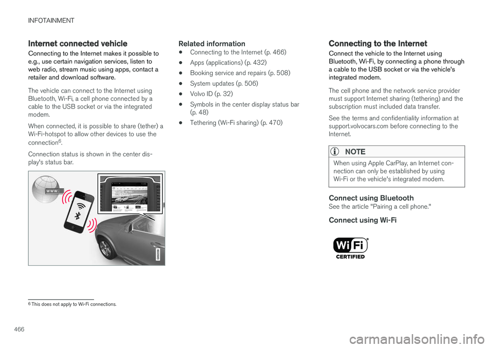 VOLVO XC90 TWIN ENGINE HYBRID 2017 Owners Manual INFOTAINMENT
466
Internet connected vehicle
Connecting to the Internet makes it possible toe.g., use certain navigation services, listen toweb radio, stream music using apps, contact aretailer and dow VOLVO XC90 TWIN ENGINE HYBRID 2017 Owners Manual INFOTAINMENT
466
Internet connected vehicle
Connecting to the Internet makes it possible toe.g., use certain navigation services, listen toweb radio, stream music using apps, contact aretailer and dow