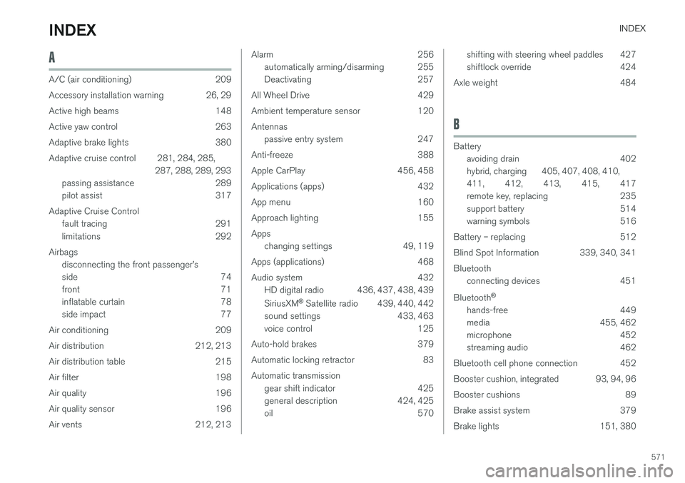 VOLVO XC90 TWIN ENGINE HYBRID 2017 Owners Manual INDEX
571
A
A/C (air conditioning)209
Accessory installation warning26, 29
Active high beams148
Active yaw control263
Adaptive brake lights380
Adaptive cruise control 281, 284, 285,
287, 288, 289, 293