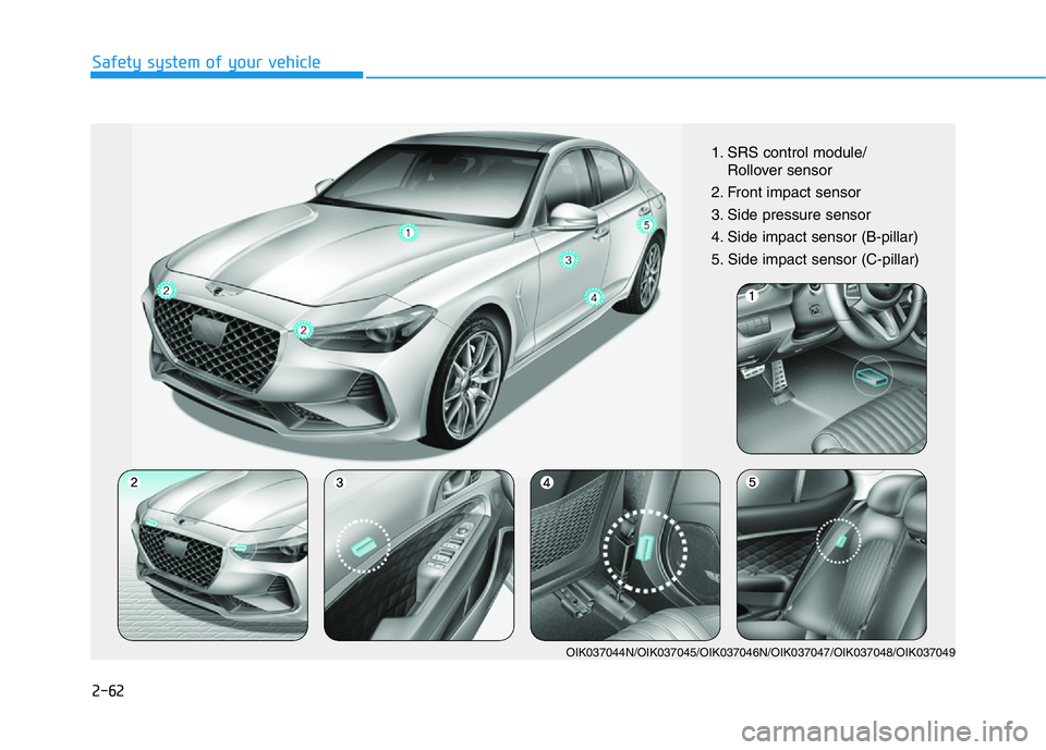 GENESIS G70 2021 Owners Manual 2-62
Safety system of your vehicle
1. SRS control module/
Rollover sensor
2. Front impact sensor
3. Side pressure sensor
4. Side impact sensor (B-pillar)
5. Side impact sensor (C-pillar)
OIK037044 GENESIS G70 2021 Owners Manual 2-62
Safety system of your vehicle
1. SRS control module/
Rollover sensor
2. Front impact sensor
3. Side pressure sensor
4. Side impact sensor (B-pillar)
5. Side impact sensor (C-pillar)
OIK037044