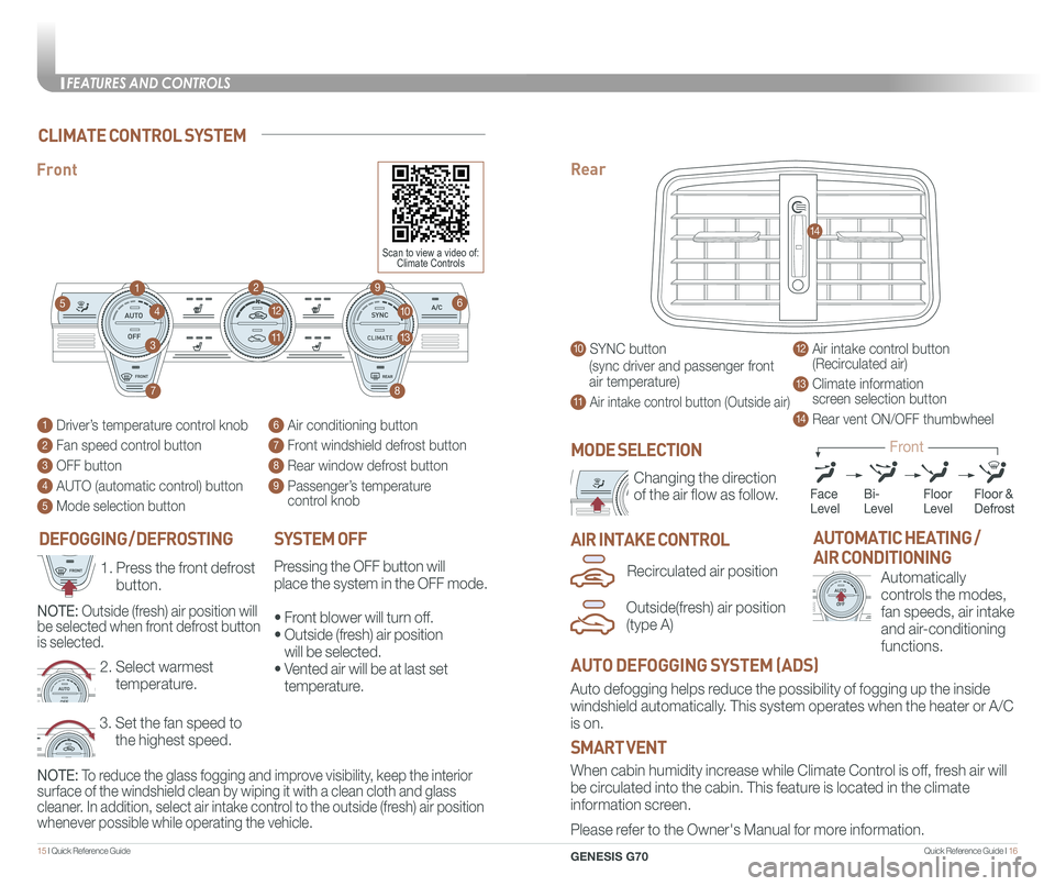GENESIS G70 2021 Quick Reference Guide Quick Reference Guide I 1615 I Quick Reference Guide
CLIMATE
DEFOGGING / DEFROSTINGSYSTEM OFF
Pressing the OFF button will
place the system in the OFF mode.
⢠Front blower will turn off.
⢠O GENESIS G70 2021 Quick Reference Guide Quick Reference Guide I 1615 I Quick Reference Guide
CLIMATE
DEFOGGING / DEFROSTINGSYSTEM OFF
Pressing the OFF button will
place the system in the OFF mode.
⢠Front blower will turn off.
⢠O