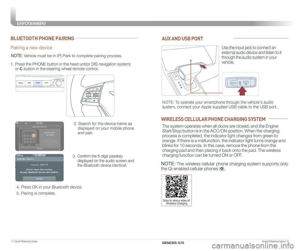 GENESIS G70 2021  Quick Reference Guide Quick Reference Guide I 1817 I Quick Reference Guide  
12V180W
AUX AND USB PORT
Use the input jack to connect an 
external audio device and listen to it 
through the audio system in your 
vehicle.
12V