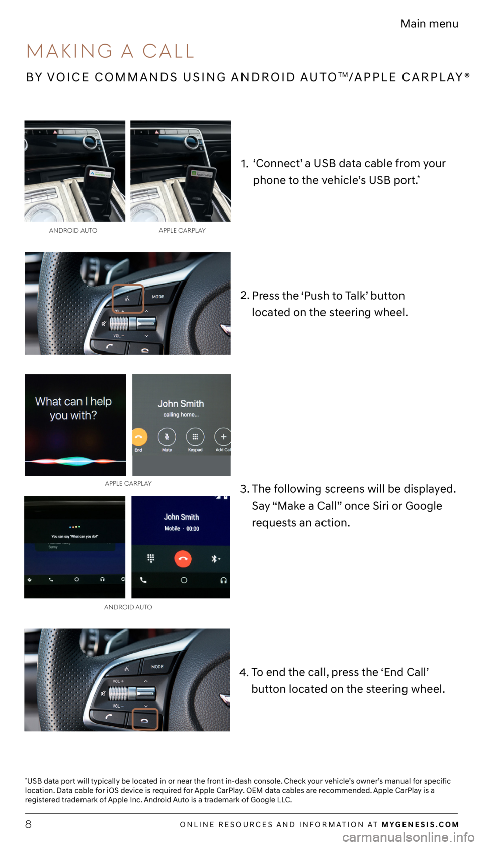 GENESIS G70 2021  Getting Started Guide ONLINE RESOURCES AND INFORMATION AT MYGENESIS.COM8
Main menu
2. Press the ‘Push to Talk’ button   
located on the steering wheel.
ANdROId A UTO
APPLE C
ARPLAy
3.
The following screens will be disp