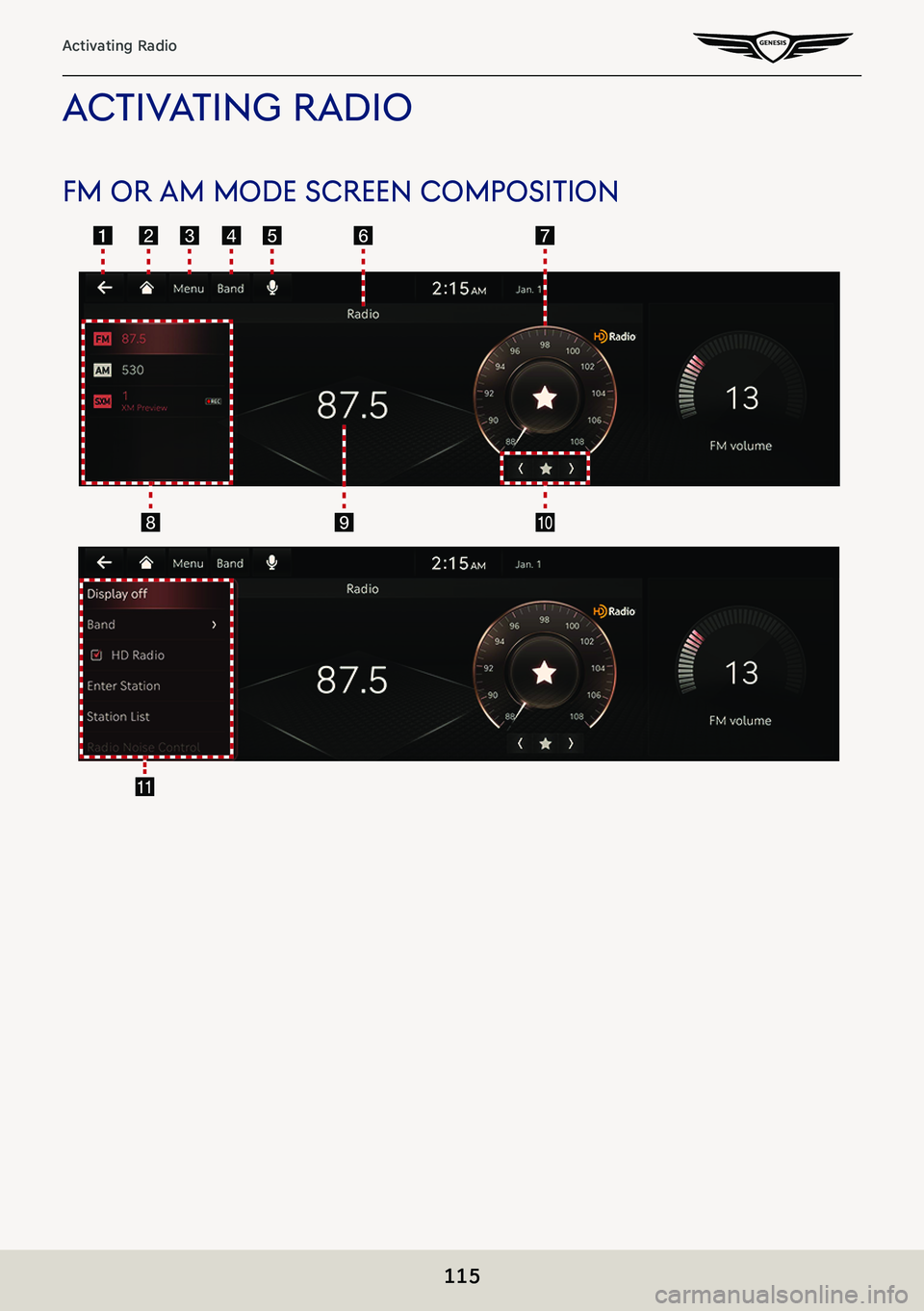 GENESIS G80 2021  Premium Navigation Manual 115
Activating Radio
ac TiV aTing radio
fm or am mode screen composiTion    