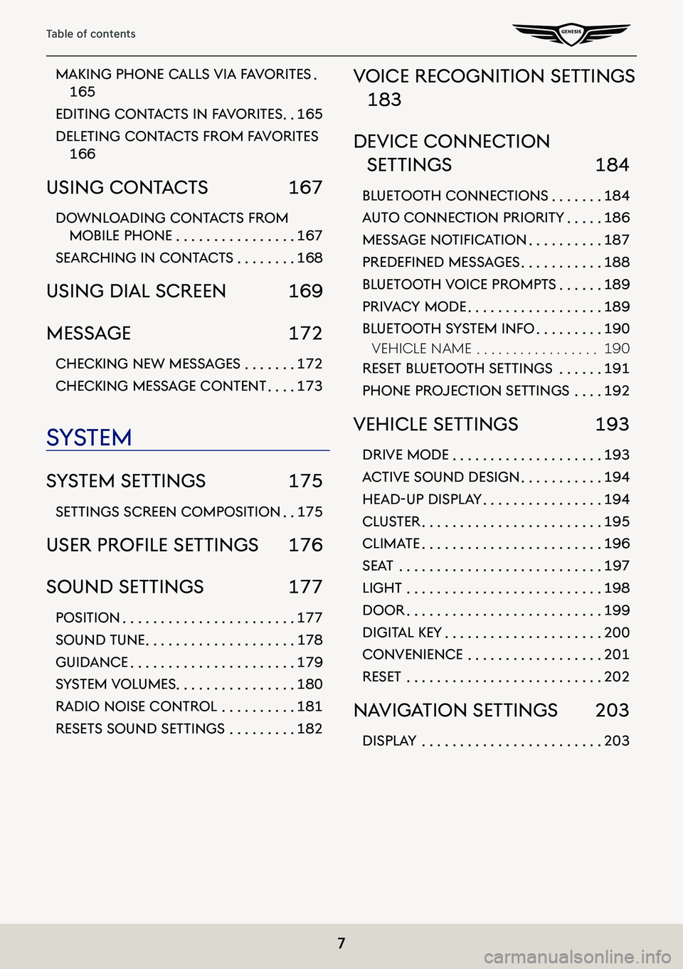 GENESIS G80 2021  Premium Navigation Manual 7
Table of contents
maKing phone calls Via faV oriTes  .
165
ediTing conT acTs in f aV oriTes  . .165
deleTing conT acTs from f aV oriTes 
166
using conT acTs  167
downloading conT acTs from 
mobile p