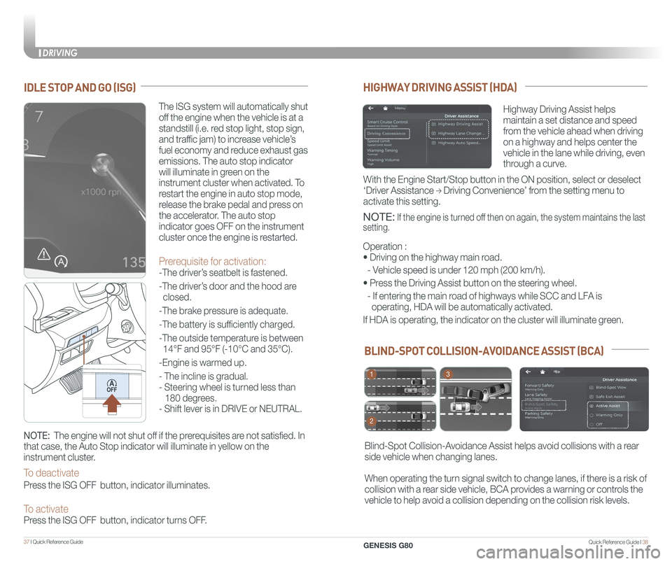 GENESIS G80 2021  Quick Reference Guide Quick Reference Guide I 3837 I Quick Reference Guide  
IDLE STOP AND GO (ISG)
The ISG system will automatically shut 
off the engine when the vehicle is at a 
standstill (i.e. red stop light, stop sig