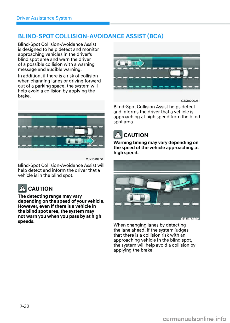 GENESIS GV80 2021  Owners Manual Driver Assistance System
7-32
BLIND-SPOT COLLISION-AVOIDANCE ASSIST (BCA) 
Blind-Spot Collision-Avoidance Assist 
is designed to help detect and monitor 
approaching vehicles in the driver’s 
blind 